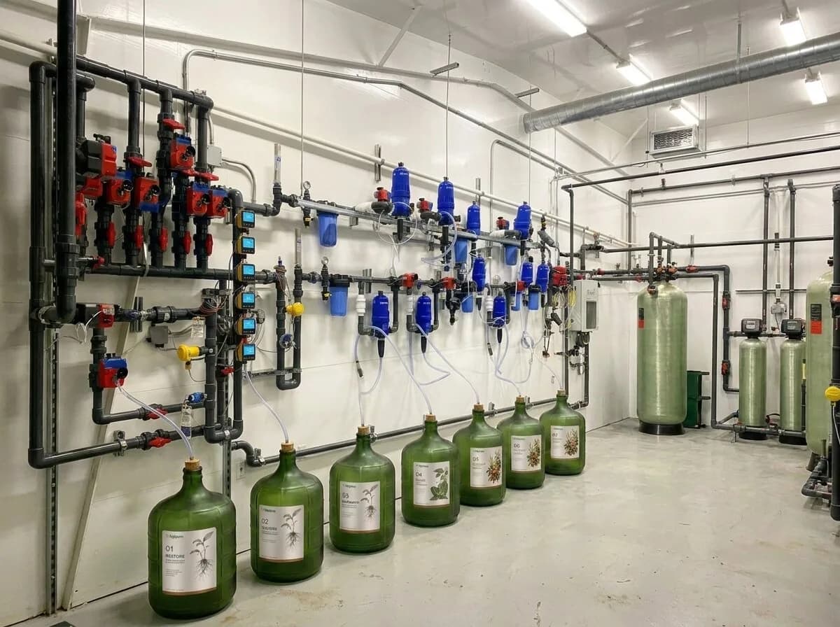 AgriPure fertigation skid: six injectors feeding one irrigation main from labeled product jugs